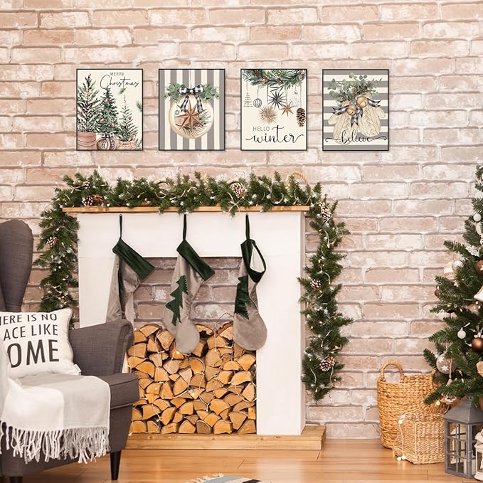 ETVISO Christmas Decor, Merry Christmas Wall Art Prints Set of 4, Retro Xmas Poster, Winter Holidays Gift Print Decor for Gallery Living Room Bathroom, 8x10 (Unframed)