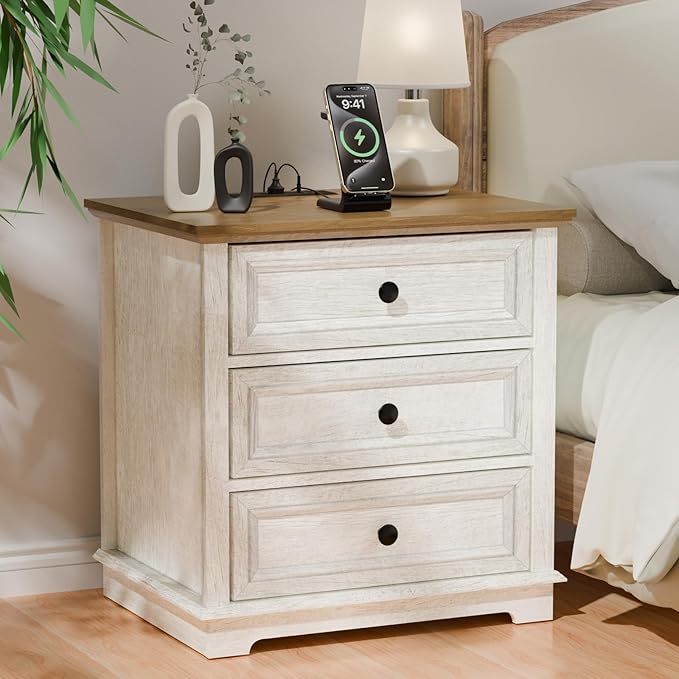 Nightstand with Charging Station Set, 24” Wide End Table with 3 Drawers Set of 2, Modern Bedside Table with Storage, Wood Small Dresser for Bedroom Living Room. (White)