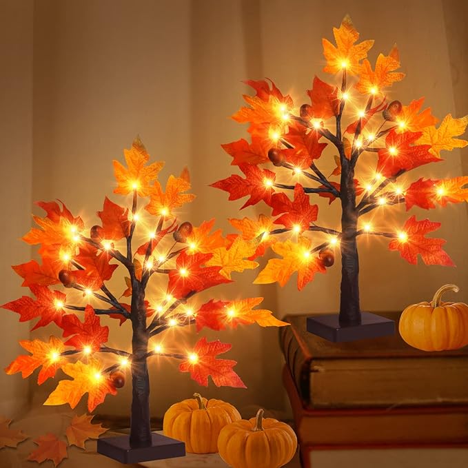 2Pack Artificial Fall Lighted Maple Tree - 1.5FT 36 LED Thanksgiving Decor Lights, Battery Operated Tabletop Lamp with 6 Acorns, 6-Hours Timer, for Wedding Party Indoor Outdoor Autumn Decor…