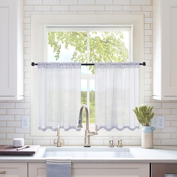 MIULEE 2 Panels Kitchen Tiers Half Window Sheer Curtains Rod Pocket Translucent Voile Drapes for Kitchen Bathroom Small Windows 29 by 36 Inch Greyish Lilac