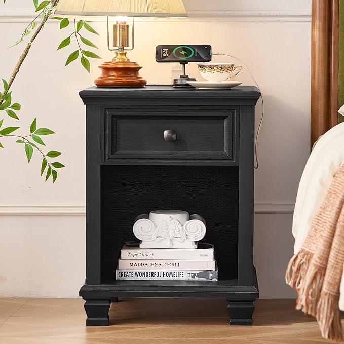 Farmhouse End Tables Living Room with Drawer, Rustic Wood Nightstand with Charging Station, Bedside Table with Open Shelf for Bed Room, Living Room, Black