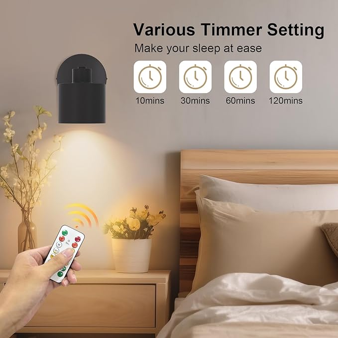 Tipace Vintage Battery Operated Wall Sconces,Cordless Battery Powered LED Wall Lights Set of 2,Wall Lamp Fixture Black 360°Rotate with Remote Control for Bedroom Farmhouse Gallery