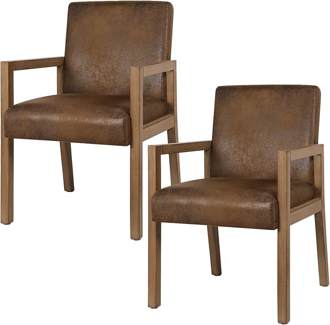Bekrvio Dining Chairs Upholstered Dining Chairs with Arms, Mid Century Modern Accent Chairs for Living Room Arm Chairs with Wood Frame (2, Brown with Wood Arms)