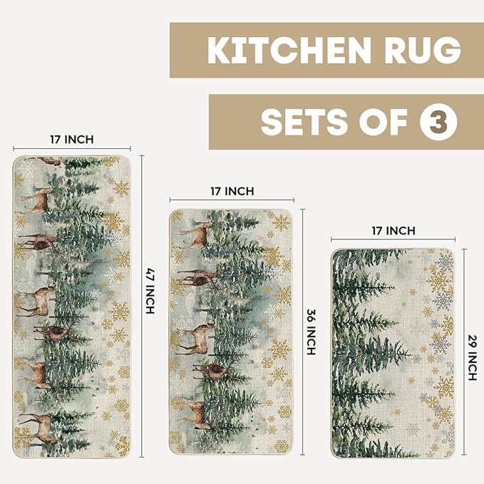 Artoid Mode Xmas Trees Deer Snowflakes Christmas Kitchen Mats Set of 2, Winter Home Decor Low-Profile Kitchen Rugs - 17"x29"+17"x36"+17"x47"