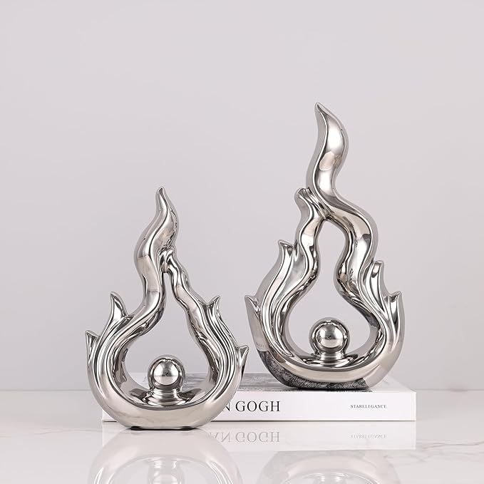 2 Pcs Silver Ceramic Sculptures for Home Decor, Modern Abstract Art Statues, Centerpieces for Dining Room Table, Living Room, Shelf, Mantel, Coffee Table, Entryway Accent Decorations