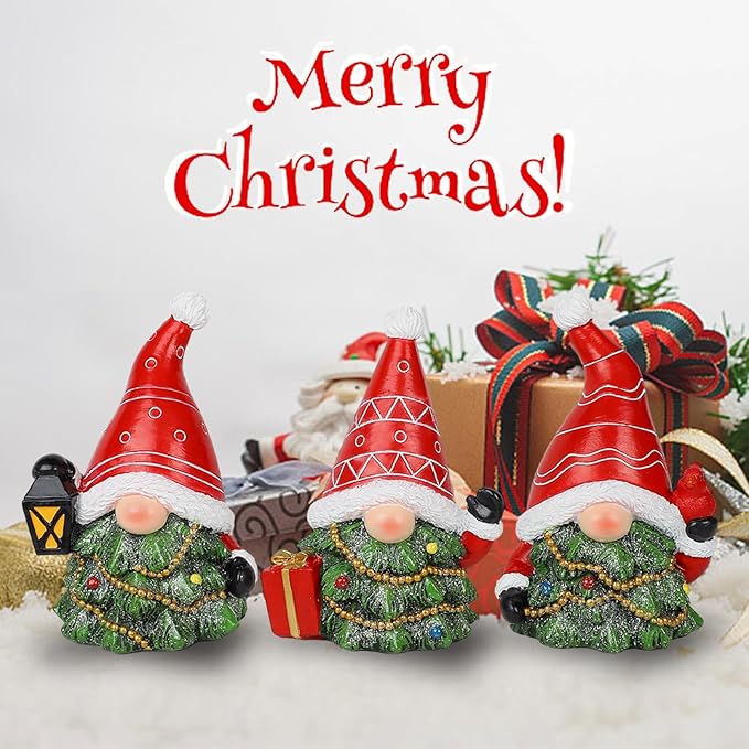 MorTime Set of 3 Christmas Gnomes Table Decorations, Resin Gnome with Gift Box Xmas Tree Centerpieces for Desk Shelf Fireplace Winter Holiday Christmas Decor