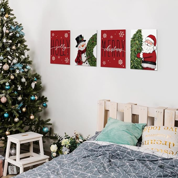 Wheatwin Christmas Decor, Merry Christmas Snowman Santa Claus Wall Art Prints Set of 4, Christmas Pictures Wall Decor for Farmhouse Living Room Bedroom Office, 8x10 (Unframed)