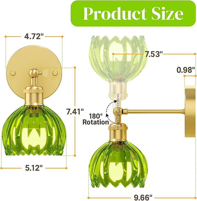 Vintage Battery Operated Wall Sconce Set of 2, Wireless Wall Sconce with Green Tulip Glass Shade, Rechargeable & Remote Control Wall Lamp for Living Room, Bedroom,Hallway Wall Decor Lights