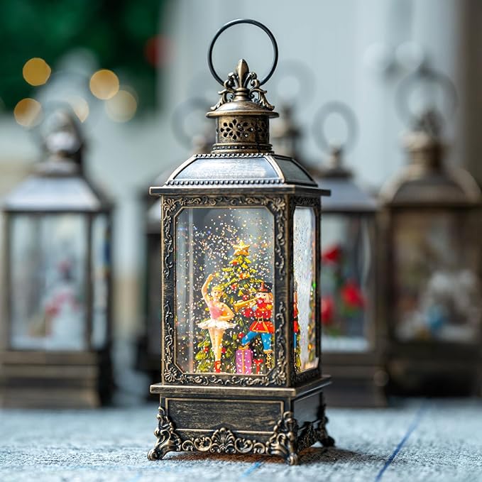 Christmas Snow Globe Nutcracker Lantern, Musical Lighted Nutcracker & Ballerina Water Lantern Swirling Glittering Home Decoration and Gift, Battery Operated or USB Powered