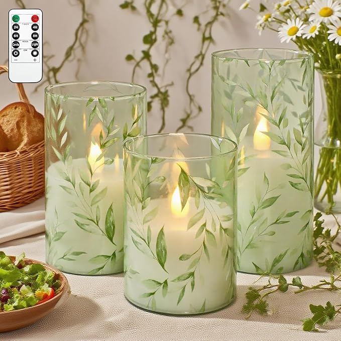Green Flameless Candles with Remote Willow Leaf Design Battery Operated Candles - Elegant Home Christmas Summer Decor Set of 3