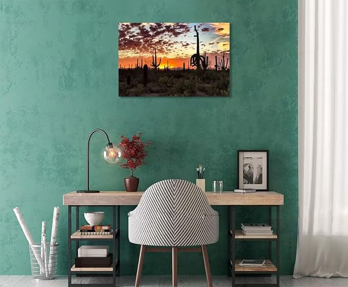 Sunset Saguaro Cactus Wall Art for Living Room Bedroom Bathroom Home Decorations Arizona Cactus Picture Poster Cactus Framed Artwork Canvas Prints Ready to Hang(24''H x 36''W)