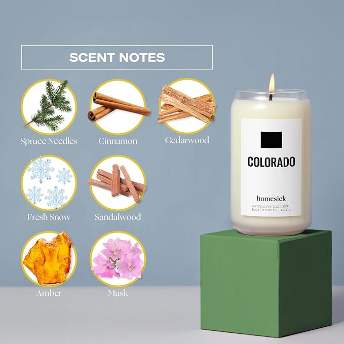 Homesick Scented Candles for Home (Colorado) - 13.75 oz Long-Lasting Soy Wax Jar Candle for Women & Men for All Occasions, 60-80 Hours Burn Time - Notes of Spruce Needles & Cinnamon