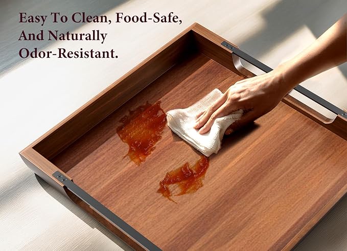 Large Ottoman Tray: 20" Square Acacia Wood Serving Tray with Unique Metal Handles – Extra Large Decorative Tray for Coffee Table, Breakfast in Bed, Charcuterie, Kitchen, Living Room & Party
