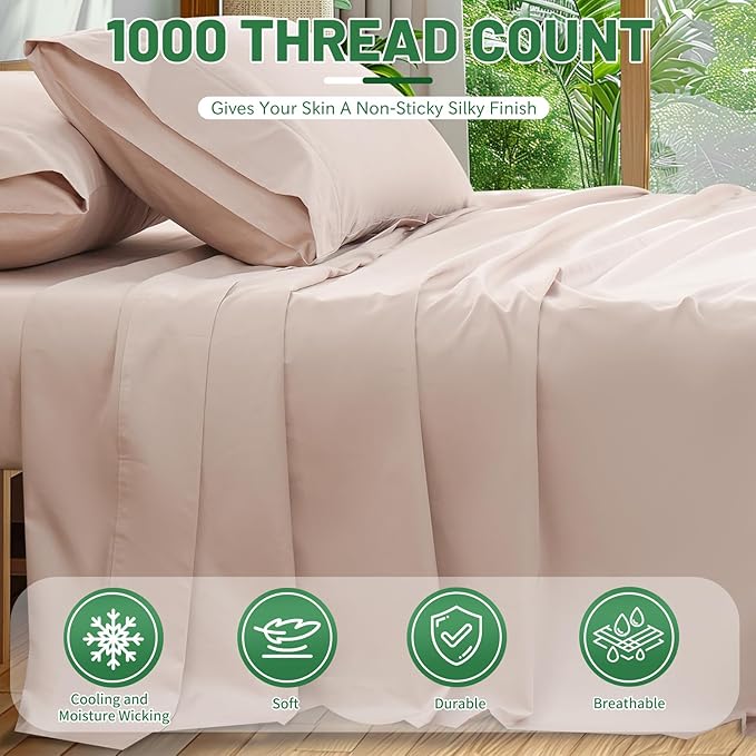1000 Thread Count Egyptian Cotton Sheets Queen Size Set 4PCS Sateen Weave Soft Breathable 16-Inch Deep Pocket(Queen,Dusty Pink)