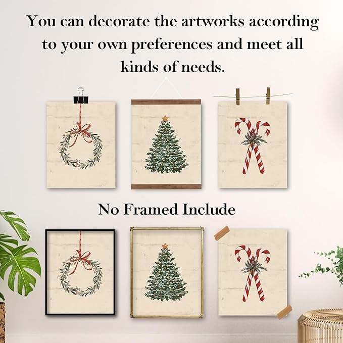TFKFJLF Vintage Christmas Tree Wall Art Poster Decor, Candy Cane Painting Pictures Decor Wall Art, Rustic Christmas Decorations for Bedroom Bathroom Living Room Office, Unframed 8x10in Set of 4