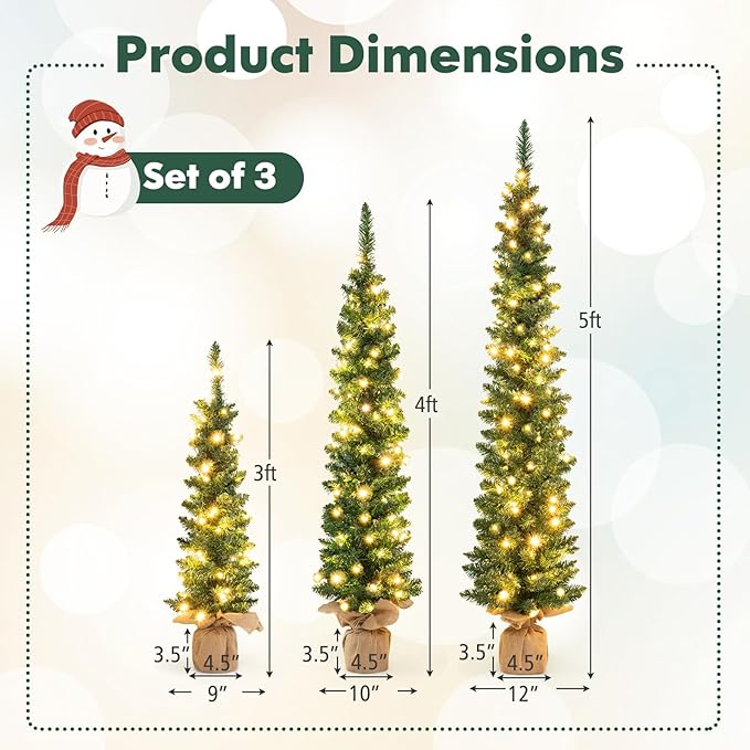 GOFLAME Set of 3 Pre-Lit Christmas Trees, Pencil Artificial Christmas Trees 3Ft, 4Ft and 5Ft with Warm White LED Lights, Burlap Base, Seasonal Holiday Decoration Tree for Home Party