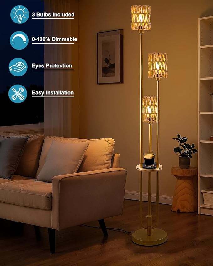 63IN Dimmable Floor Lamp with Shelf, Gold Rattan Tall Standing Lamps Candle Holder Style, 3000K Warmwhite Mid Century Modern Floor Lamp for Living Room (Bulbs Included)