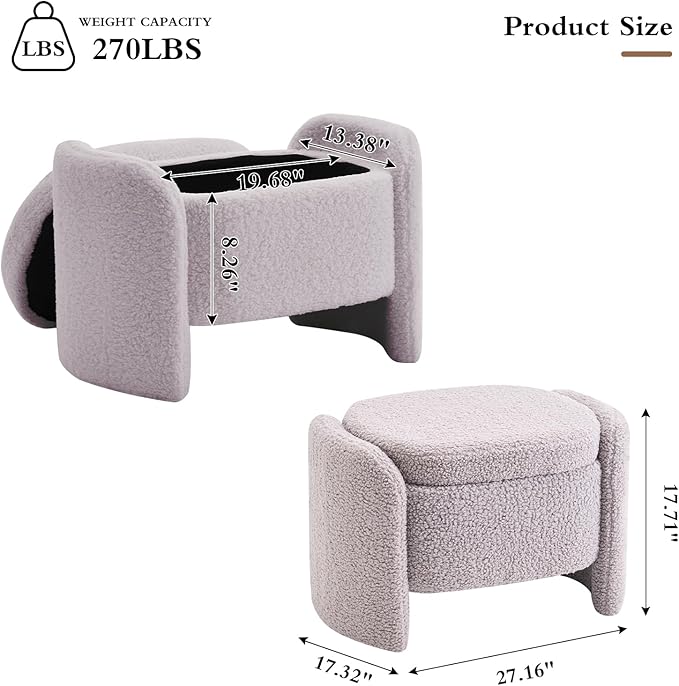 Storage Bench with Lamb Fleece Fabric, Vanity Stool Chair, Upholstered Ottoman with Small Hidden Storage for Bedroom, Living Room, Entryway, No Assembly Required, Grey