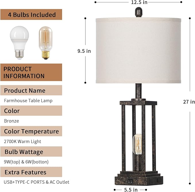 27" Tall Farmhouse Table Lamps with Night Light, Bronze Industrial End Table Lamp for Living Room, Rustic Bedside Lamps Set of 2 with USB C+A Ports & AC Outlet, Vintage Bedroom Lamp for Nightstand