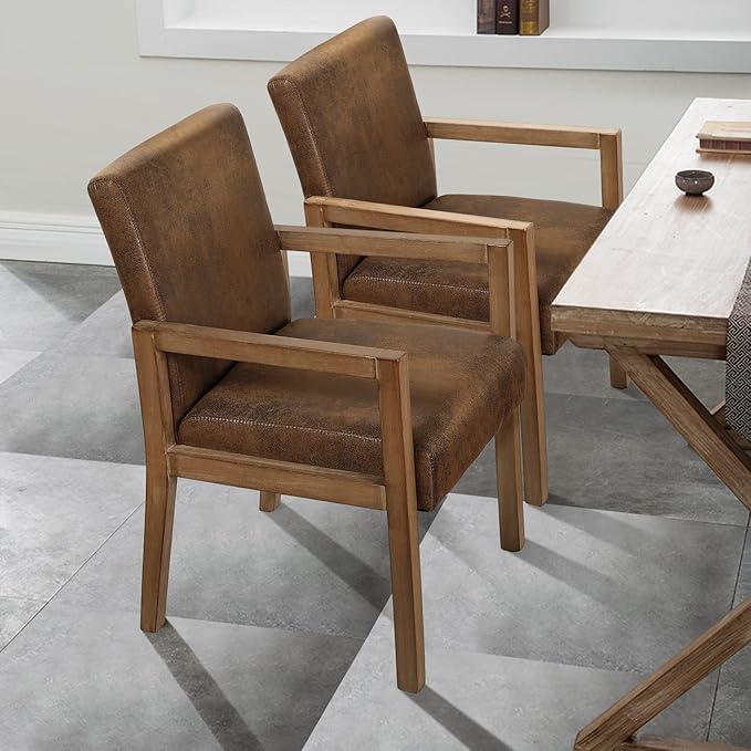 Bekrvio Dining Chairs Upholstered Dining Chairs with Arms, Mid Century Modern Accent Chairs for Living Room Arm Chairs with Wood Frame (2, Brown with Wood Arms)
