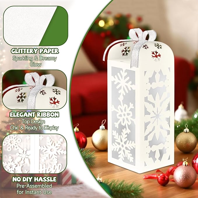 OuMuaMua Christmas Centerpiece Table Decorations, 6Pcs Light Up White Snowflake Paper Lanterns Decorative Glitter Table Centerpiece Boxes for Winter Wonderland Christmas Holiday Party Home Decor