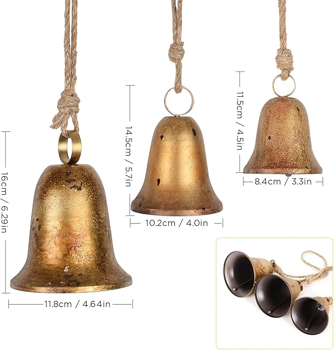 Styleonme Decorative Bells, 3-Piece Set of Harmonious Bells, Vintage Handmade and Rustic Lucky Christmas Bells Hanging on a Rope, Gifts for Mom, Grandma, and Women