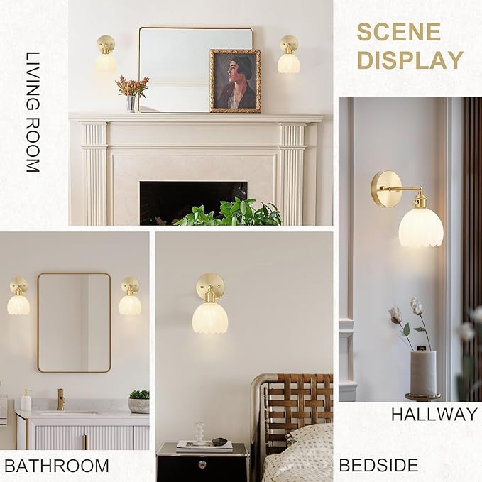 Hardwired Wall Sconce Light, Vintage Wall Sconce with Switch, Gold Wall Light Fixture with Tulip Milk White Glass Lampshade, Indoor Wall Light for Bedroom Bathroom, Bedside Wall Lamp