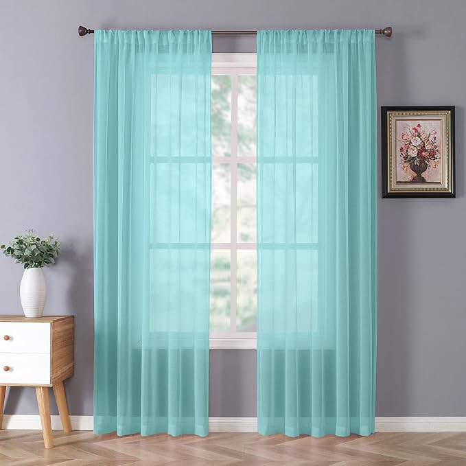 Tollpiz Sheer Curtains Linen Textured Bedroom Curtain Sheers Light Filtering Rod Pocket Voile Curtains for Living Room, 54 x 84 inches Long, Crystal Blue, Set of 2 Panels