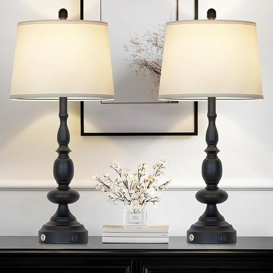29" Black Modern Table Lamps Set of 2, Industrial Touch Control 3-Way Dimmable Bedside Lamp with USB C+A Ports, Metal Nightstand Lamps for Living Room Bedroom Office Home(2 LED Bulbs Included)