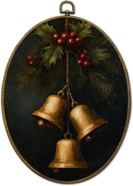 QZQE Vintage Christmas Bells Oval Wall Art Decor Framed, Dark Moody Christmas Oval Canvas Prints, Winter Holiday Xmas Bell Wall Hanging Decor for Home Bedroom Living Room, 8.6x11.4 Inch