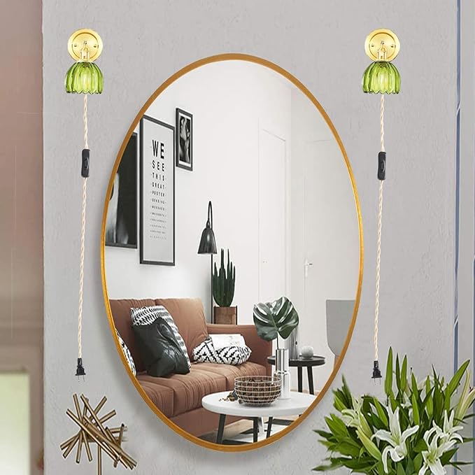 Plug in Vintage Wall Sconces Set of 2, 180 Degree Adjustable Brass Vanity Lights Fixture with Green Tulip Glass Lampshade, Modern Wall Lighting for Bedside Bedroom Bathroom