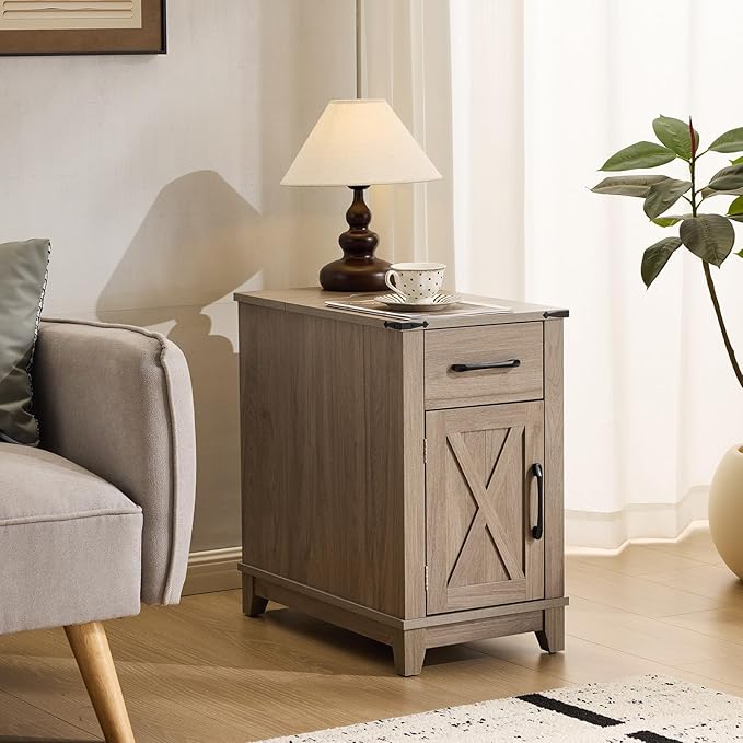 EROMMY Farmhouse End Table with Charging Station, Narrow Side Table for Living Room, Nightstand with Drawer and Storage Cabinet, Adjustable Shelf, Gray