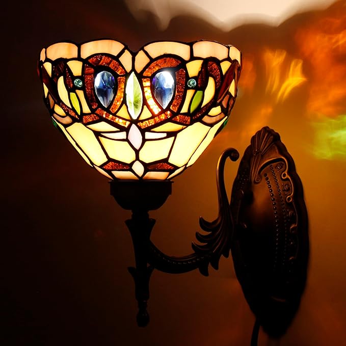 Tiffany Wall Sconce Lamp Blue Stained Glass Flower Style 8X10.5X11 Inch Plug in Wall Bedside Light for Hallway Bedroom (Serenity Victorian Style)