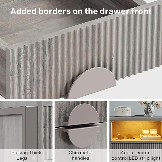 LGHM Large Fluted Nightstand with Charger Station Lights,20.47" W Night Stand with 2 Drawers,Accent Bedside Table and End Table,Semicylinder Drawer,Stable Raised Legs,Large Compartment,Gray