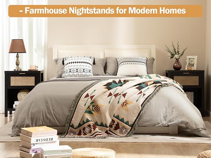 SICOTAS Rattan Nightstand, Farmhouse Night Stands with Drawer, Boho End Side Table for Bedroom, Small Space, Black Oak