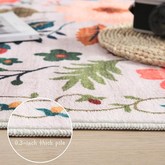 Rugcomf Area Rug 4x6 Rug Washable Boho Rugs Non Slip Low Pile Floral Small Carpet for Bedroom, Bedside, Kids Room, Office, Dining Room(Beige)