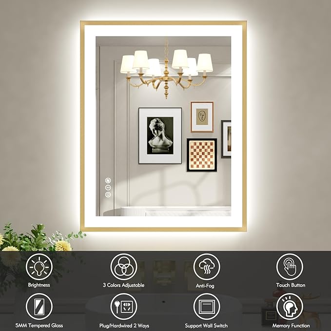 24x30 LED Bathroom Mirror with Gold Frame, Backlit and Fron Light, Anti-Fog, Dimmable, Memory Function, Shatterproof, LED Vanity Mirror for Bathroom(Horizontal/Vertical Hangs)