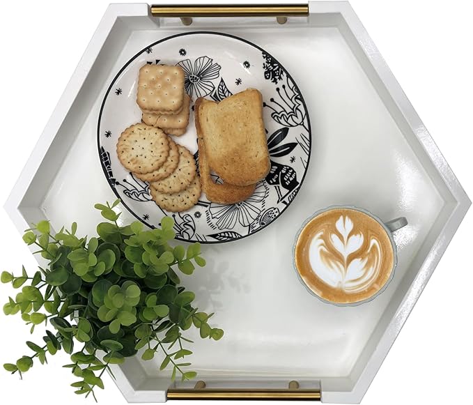 Serving Tray with Polished Metal Handles, Hexagon Coffee Table Tray, Modern Rectangle Decorative Tray, Large Ottoman Tray, Perfect for Storage and Display (White Hexagon)