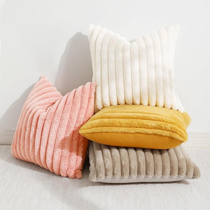 decorUhome Faux Fur Throw Pillow Covers 18x18 Set of 2, Decorative Soft Plush Striped Neutral Couch Euro Pillow Covers with Velvet Back for Sofa, Bed, Living Room Home Decor, Blush Pink