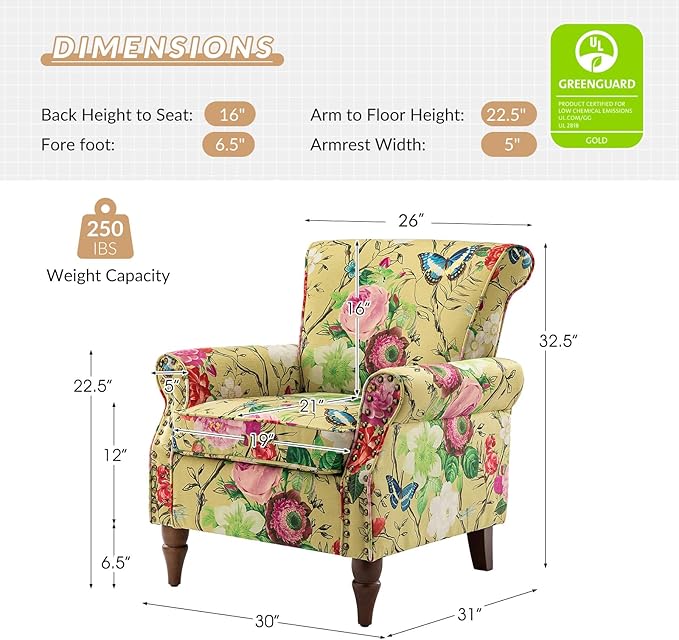 HULALA HOME Modern Wingback Accent Chair with Wood Legs & Removable Cushion, Comfy Upholstered Armchair with Nailhead Trim, Floral Pattern Single Sofa Chair for Living Room Bedroom, Mustard