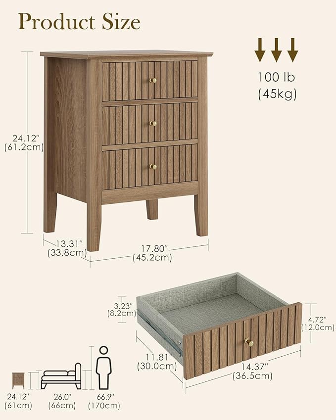 Fluted Nightstand, Farmhouse Night Stand with 3 Drawers, Mid Century Modern Side Accent Table,Bedside End Table for Bedroom, Living Room, Natural