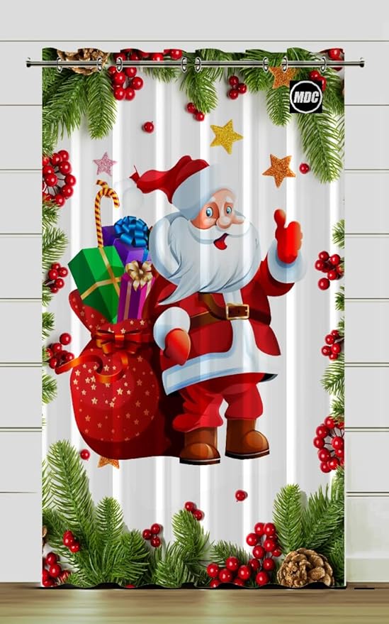 Xmas Decorative Curtain 48x84 Inches for Living Room, Bedroom, Kitchen, Doorway and Shower Traditional Graphic Printed Santa Claus Snowflakes Ribbon Grommet Farmhouse Window Curtains (1 Curtain Only)