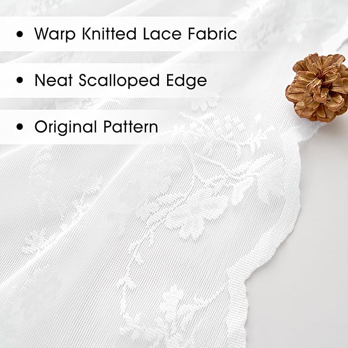 Sheer Lace Curtains 84 Inches Long, Vintage Floral Light Filtering White Lace Curtains for Living Room & Bedroom, Rod Pocket, 2 Panels Set, Tiny Flower Pattern (White, 52" W x 84" L)