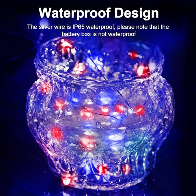 btfarm 4th of July Patriotic Fairy Lights Battery Operated, 30 Pack Red White Blue 3 Modes Twinkle String Lights, 7ft 20 Led Independence Day Mini for Mason Jars Vases Table Centerpiece Decorations