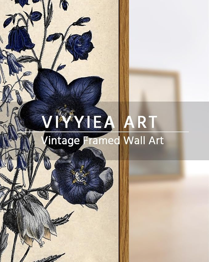 VIYYIEA Vintage Framed Botanical Wall Art Decor, Living Room Bedroom Blue Campanula Pictures Retro Wall Decor, Framed Canvas Prints Artwork, Farmhouse Flower Paintings,16x24 Inch