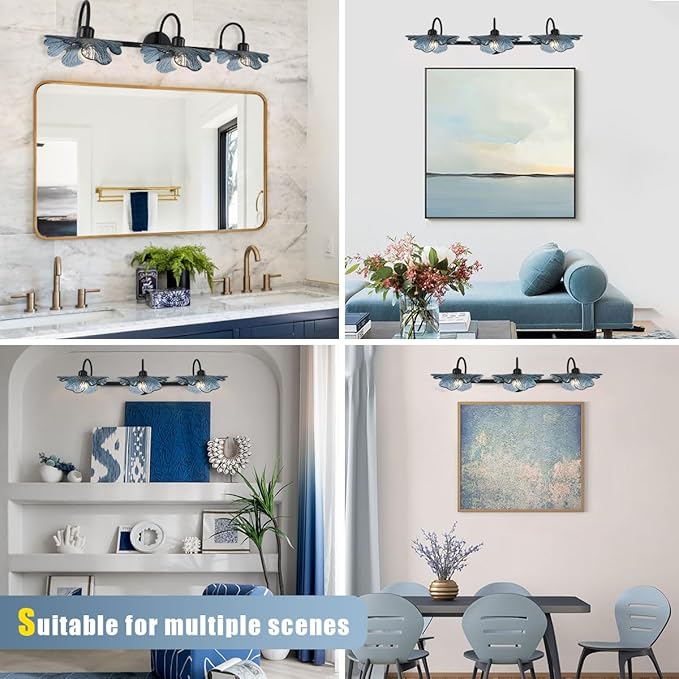 3 Light Bathroom Vanity Light Black Wall Sconce with Blue Flower Glass Shade Bathroom Wall Light Vintage Wall Sconce Art Deco Vanity Lights Over Mirror for Bedroom Hallway Living Room