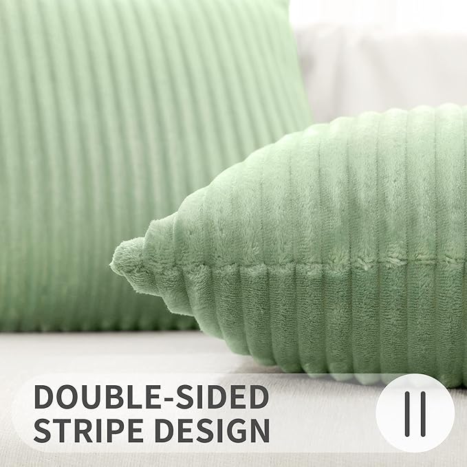 Simmore Decorative Throw Pillow Covers 12x20 Set of 2, Soft Natural Plush Flannel Double-Sided Fluffy Lumbar Pillow Covers for Couch Sofa Living Room, Sage Green