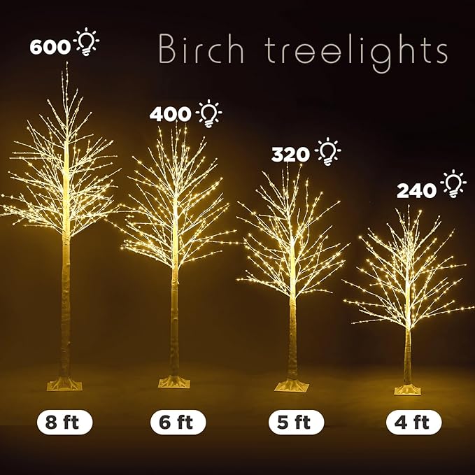 Baquler 4 Pack Lighted Birch Tree - Artificial LED Warm-White Light Birch Tree Decoration for Christmas Holiday Party Wedding Festival Decor, Indoor & Outdoor (4 5 6 8 ft)