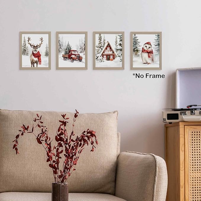 TLESKE Winter Christmas Snowy Woodland Animals Posters Prints Unframed Set of 4, Deer Reindeer Moose Owl with Red Scarf Wall Art Prints Decor for Nursery Bedroom, Christmas Pine Trees Wall Pictures, 8x10 Inches