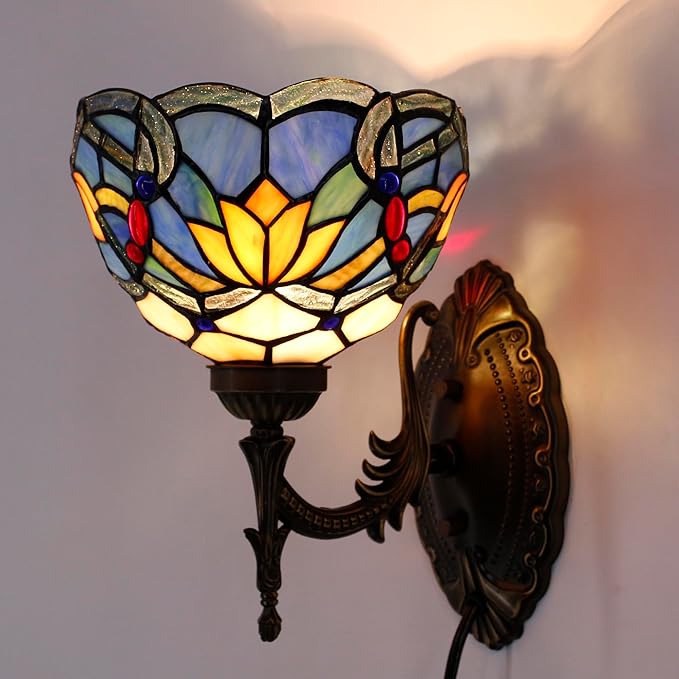 Tiffany Wall Sconce Lamp Blue Stained Glass Flower Style 8X10.5X11 Inch Plug in Wall Bedside Light for Hallway Bedroom (Blue Lotus Style)